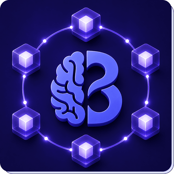 3D isometric glowing brain network showing block nodes representing secure transaction histories